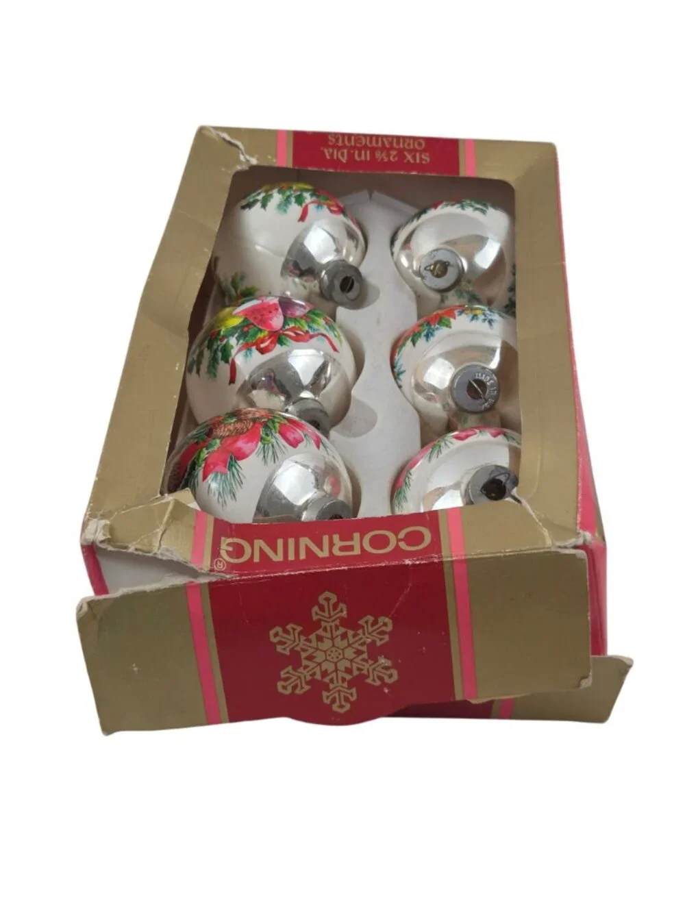 Vintage Corning 2.5 Glass Christmas Ornaments Set Of 6 With Holiday Designs & Or